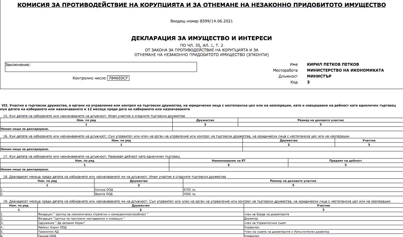  Чиста Декларация на Министър Кирил Петков пред КПКОНПИ за липса на спор на ползи. 